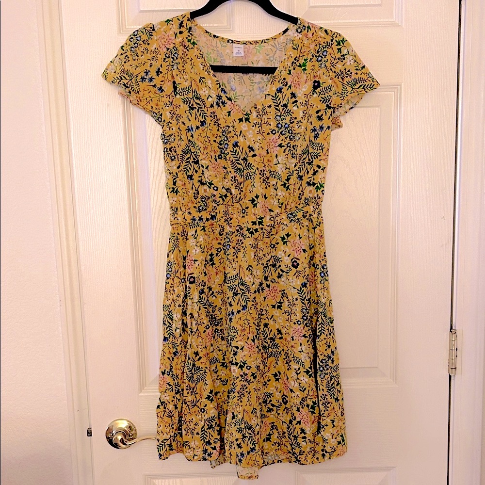Old Navy Yellow + Pink Floral V-Neck Mini Flare Dress